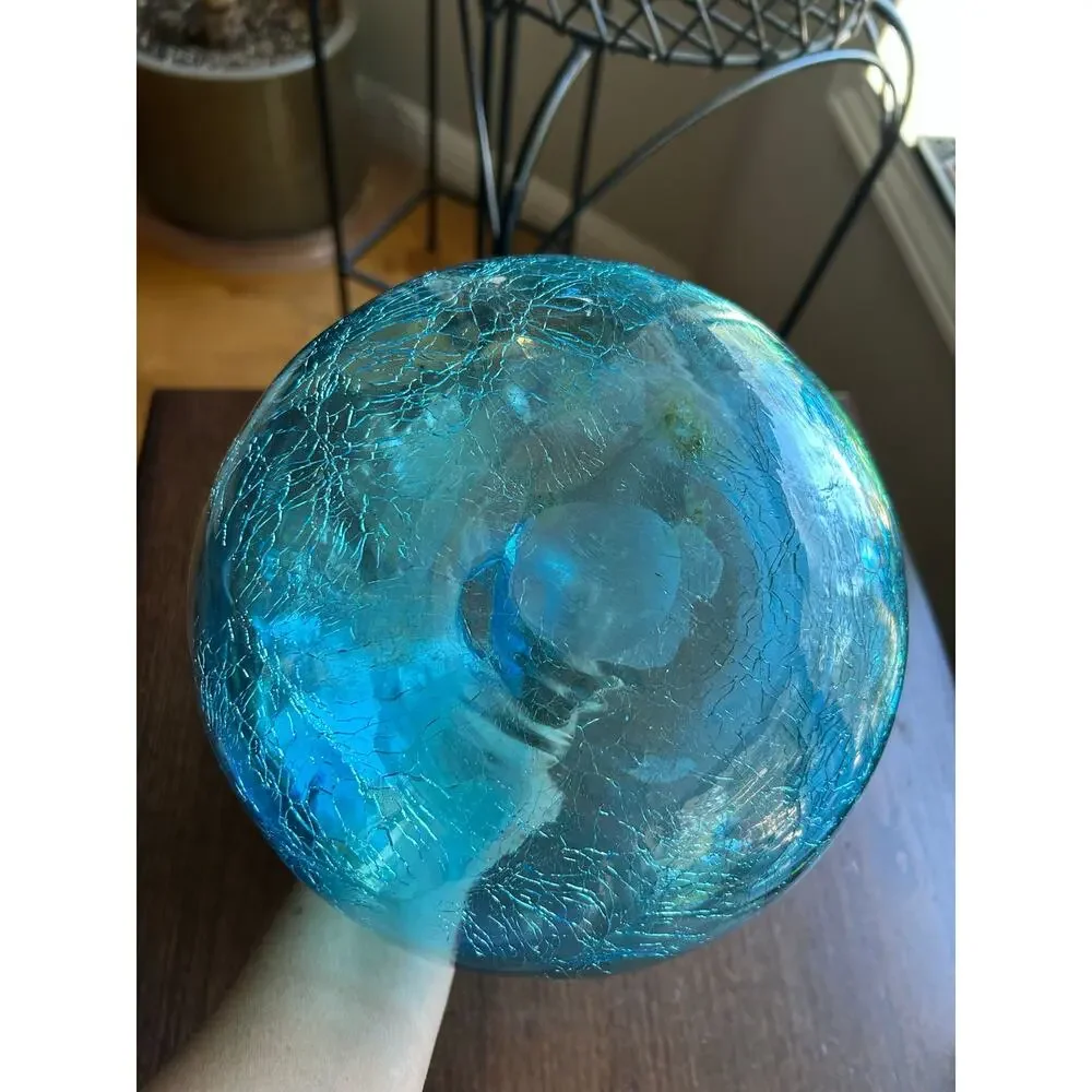 LARGE Blue Demijohn Studio Blown Glass bottle Crackled Bottom Polished Pontil